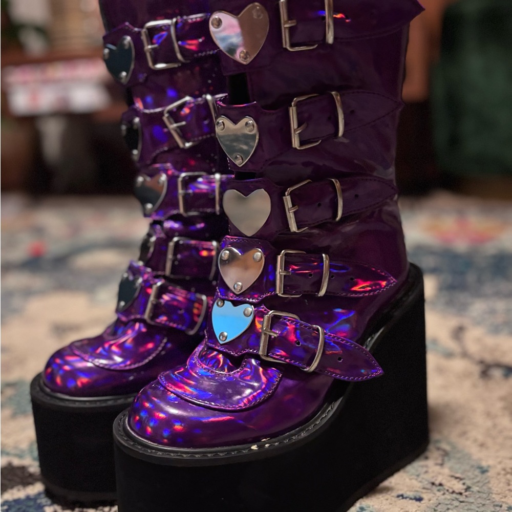 DEMONIA/7/ 5.5” Platform Iridescent Purple Boots with 5 Heart Buckles /Zip up